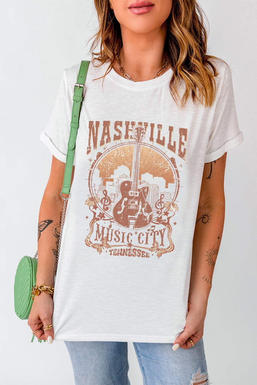 Black Country Music Crazy Print Crew Neck T Shirt