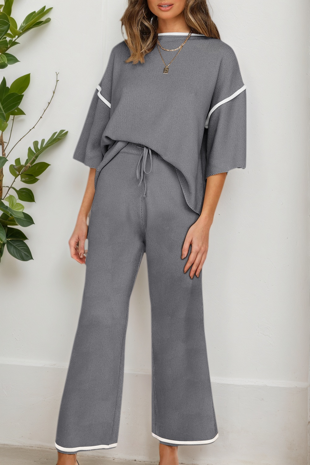 Blackish Green Contrast Trim Half Sleeve Top Drawstring Pants Loose 2pcs Sweater Suit