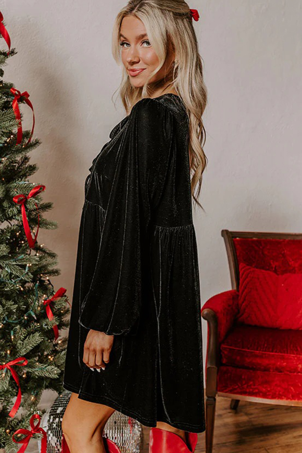Black Front Tie Velvet Bubble Sleeve Mini Dress