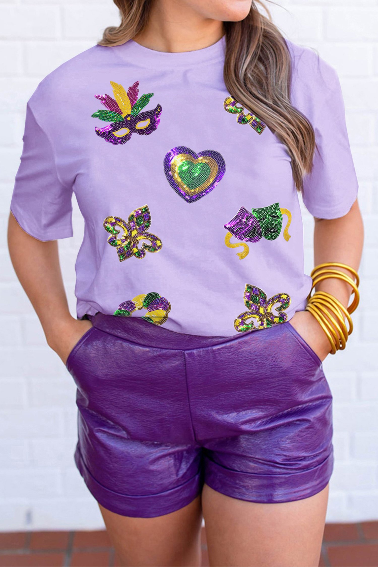 White Sequined Mardi Gras Symbolic Pattern Casual Tee