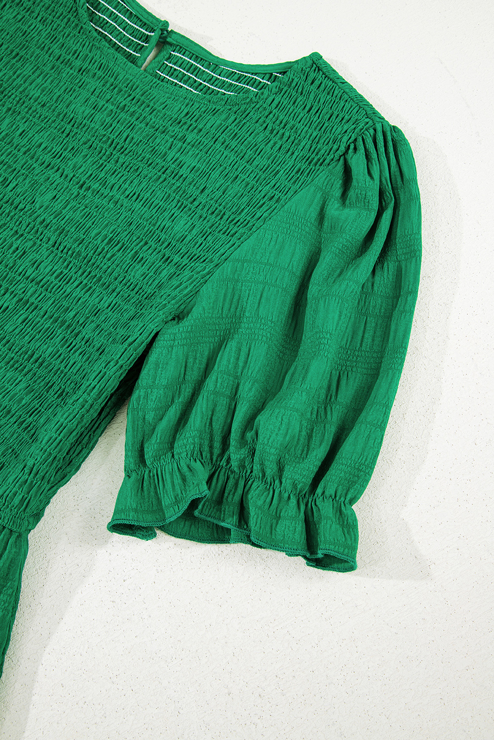 Dark Green Textured Ruffled Sleeve Round Neck Top