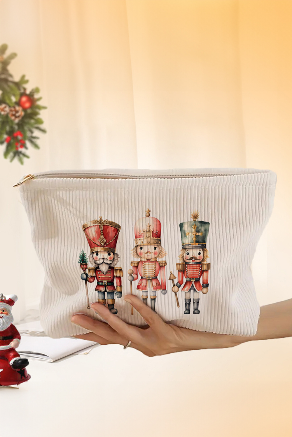 White Christmas Fashion Print Corduroy Zip Up Cosmetic Bag