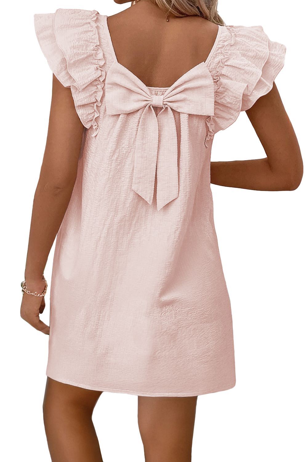 Beau Blue Textured Bow Knot Frilled Butterfly Sleeve Blouse