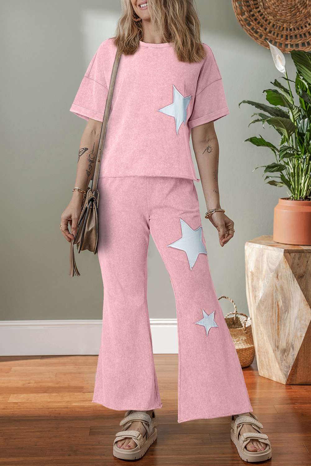 Light Pink Acid Wash Star Patched Rolled Trim Pants Set