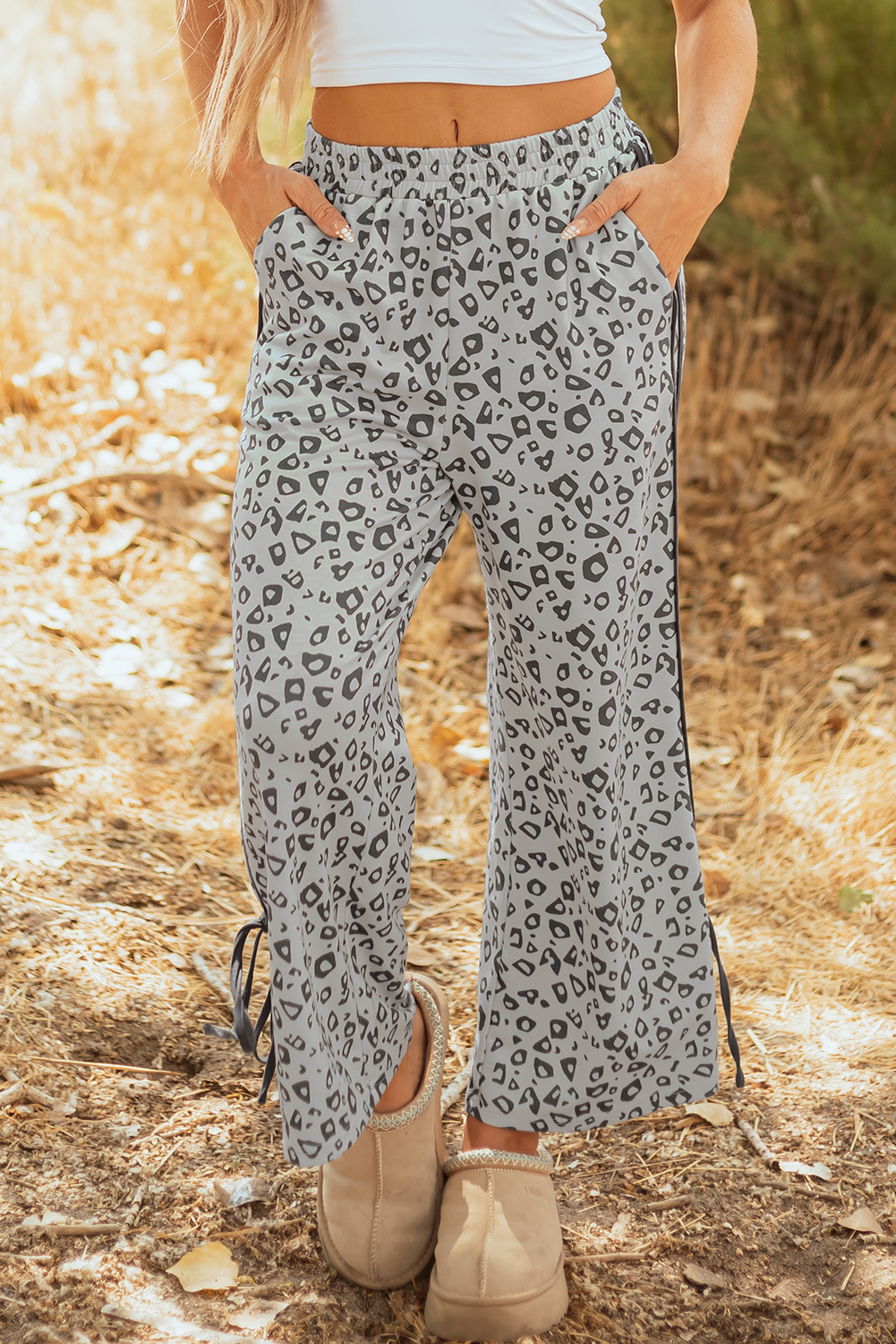 Gray Leopard High Waist Side Bow Straight Leg