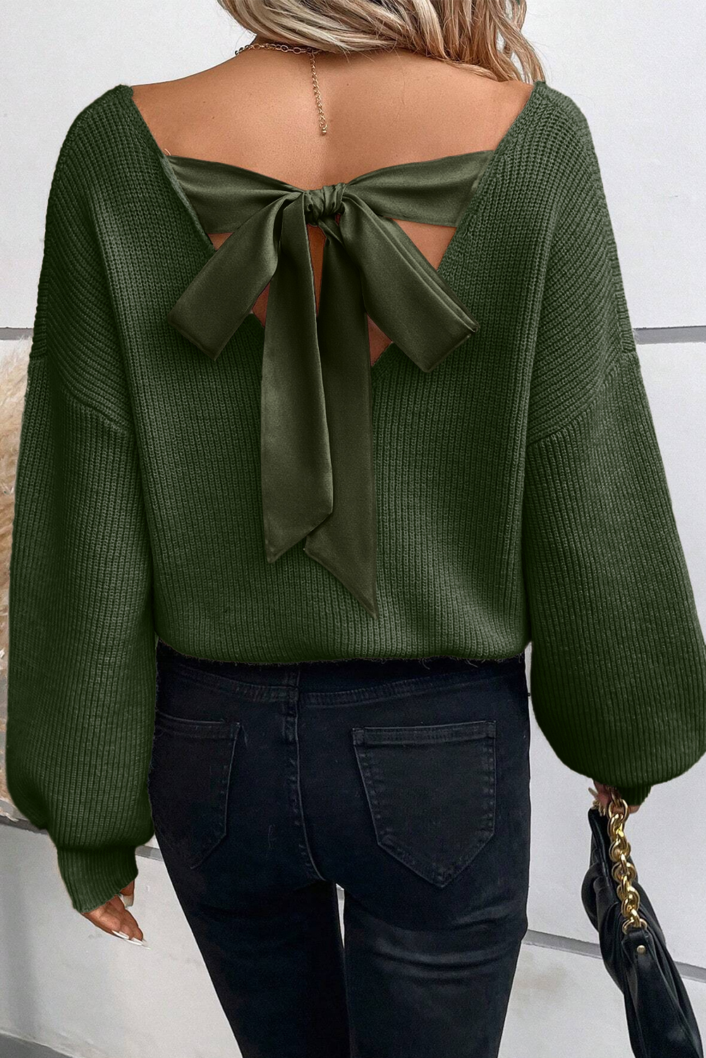 Racing Red Lantern Sleeve V Neck Knot Back Sweater