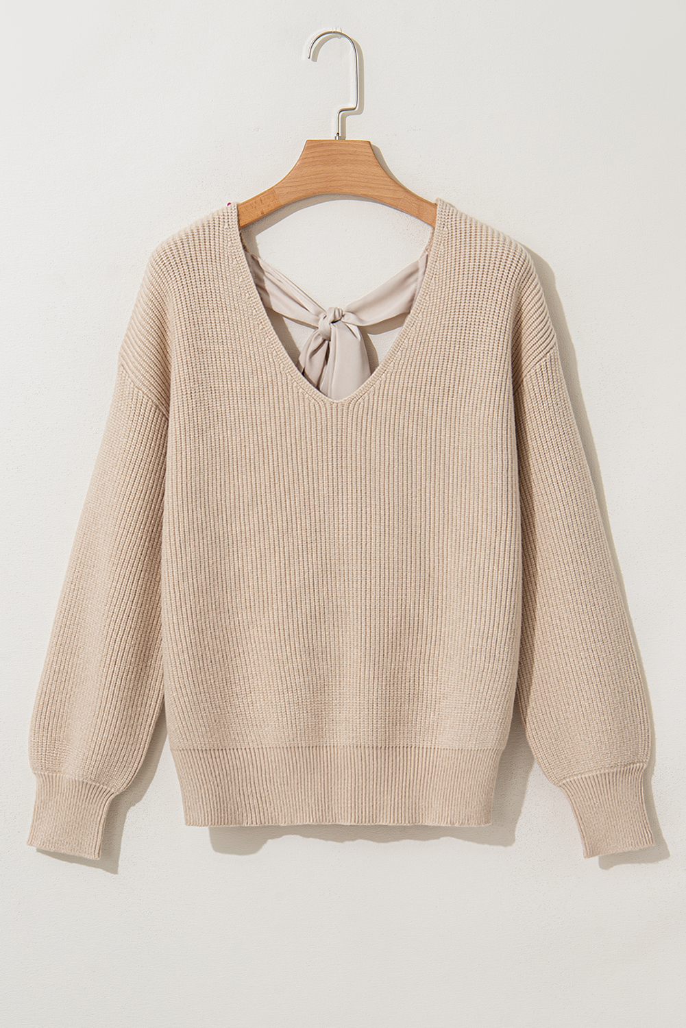 Racing Red Lantern Sleeve V Neck Knot Back Sweater