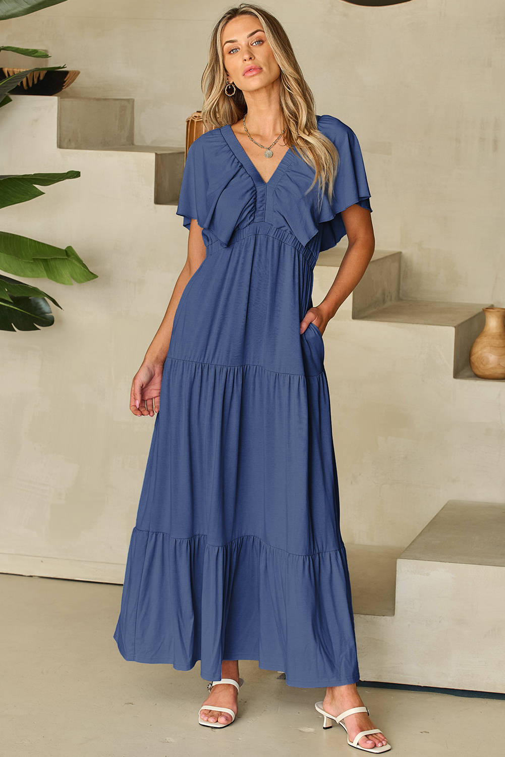 Grass Green Textured V Neck Flutter Sleeve Ruffled Maxi Dress