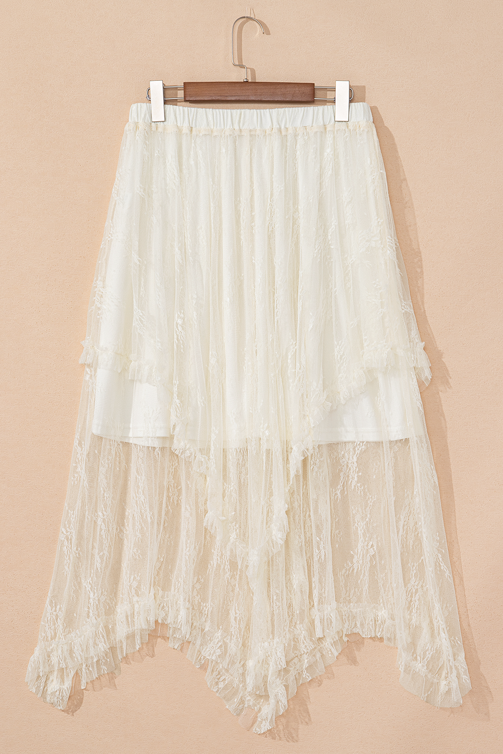 Apricot Lace Cascading Tiered High Waist Maxi Skirt