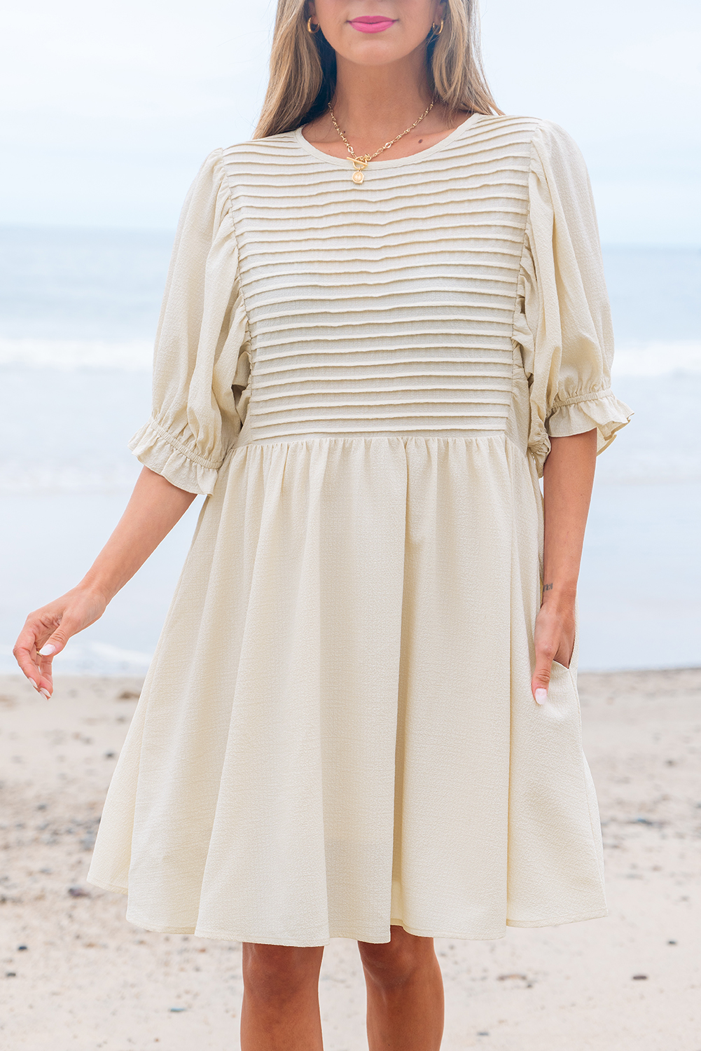 White Textured Ruffled Puff Sleeve Loose Dress