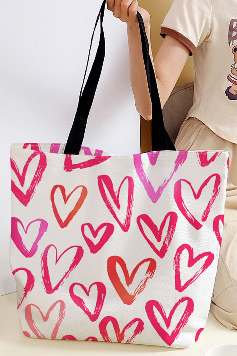 Bright Pink Heart Shape Print Canvas Large Tote Bag