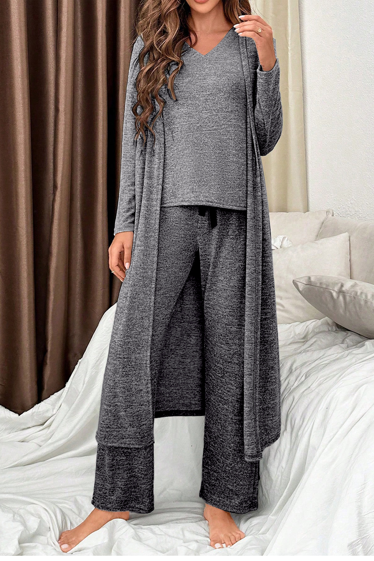 Delicacy 3pcs V Neck T Shirt Ribbon Knot Pants Open Duster 3pcs Lounge Set