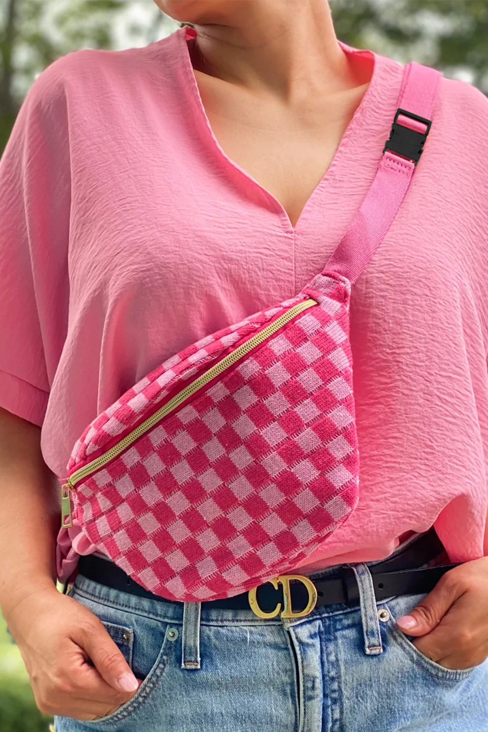 Rose Red Checkered Pattern Crossbody Sling Bag