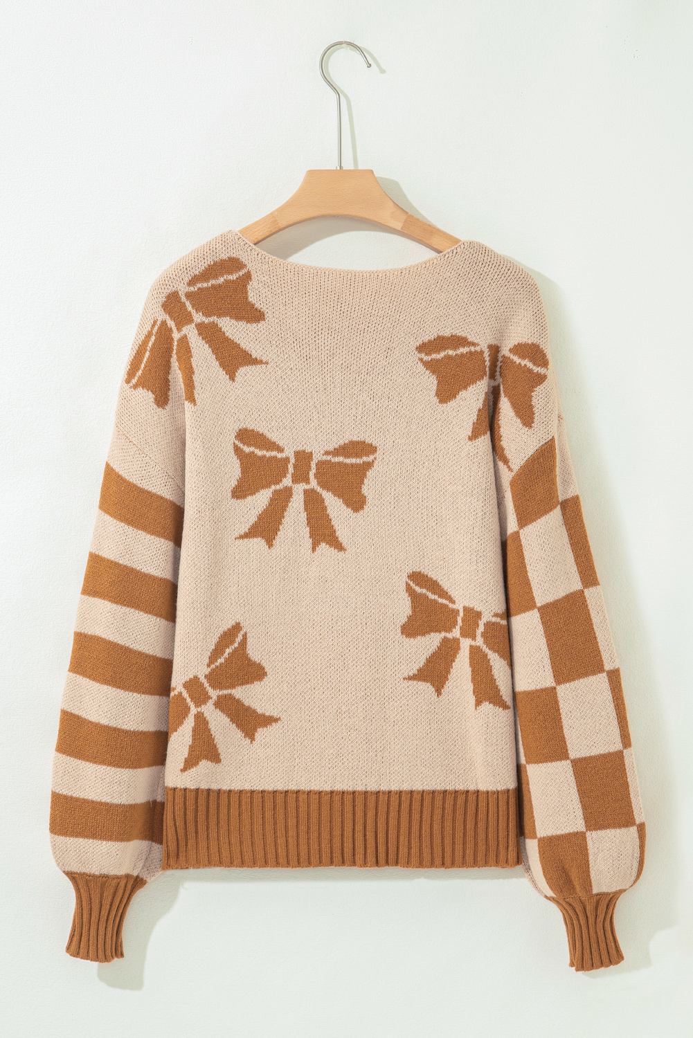 Straw Yellow Ribbon Bow Print Checkered Striped Sleeve Drop Shoulder Sweater