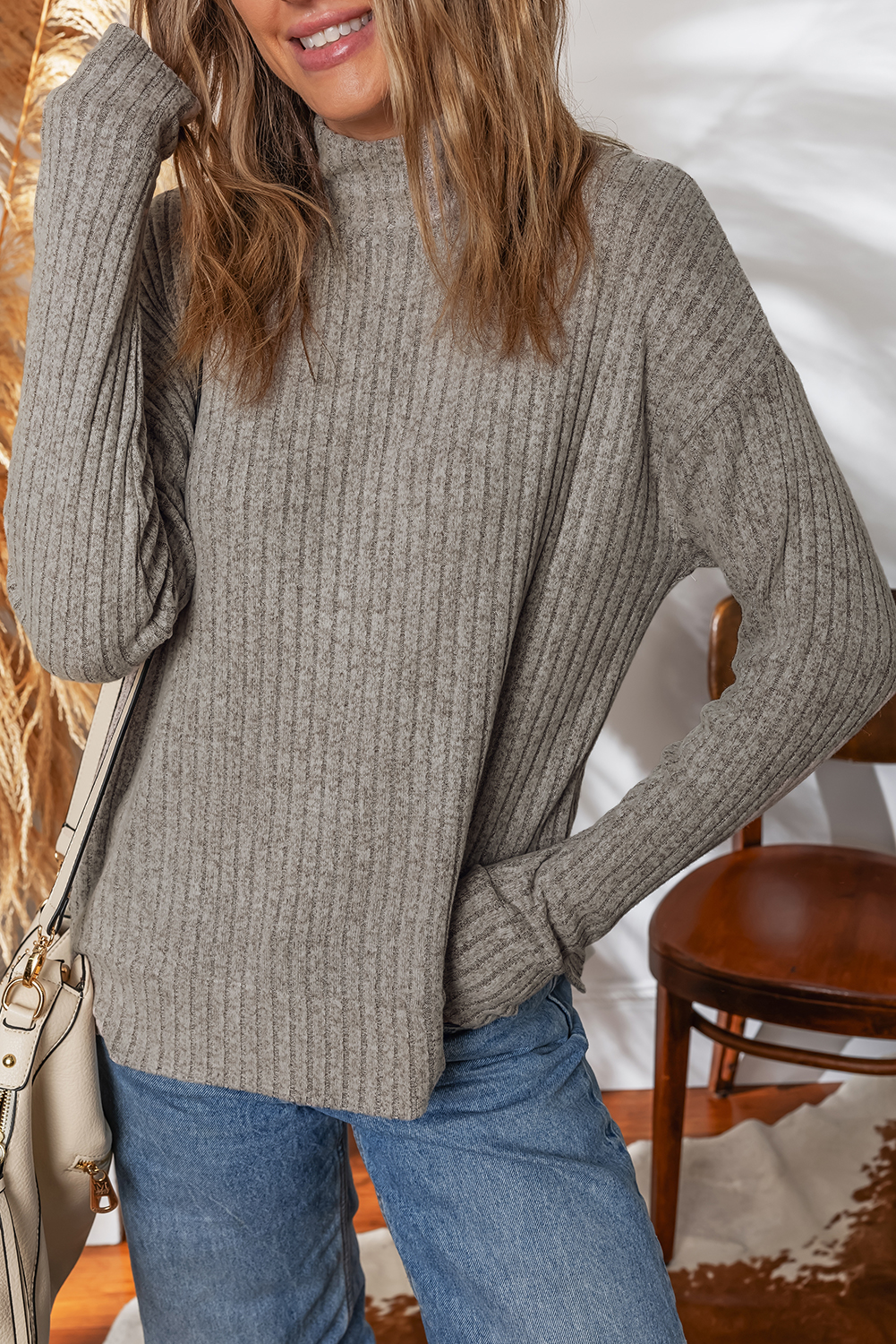 Gray Morn Ribbed High Neck Knitted Pullover Top