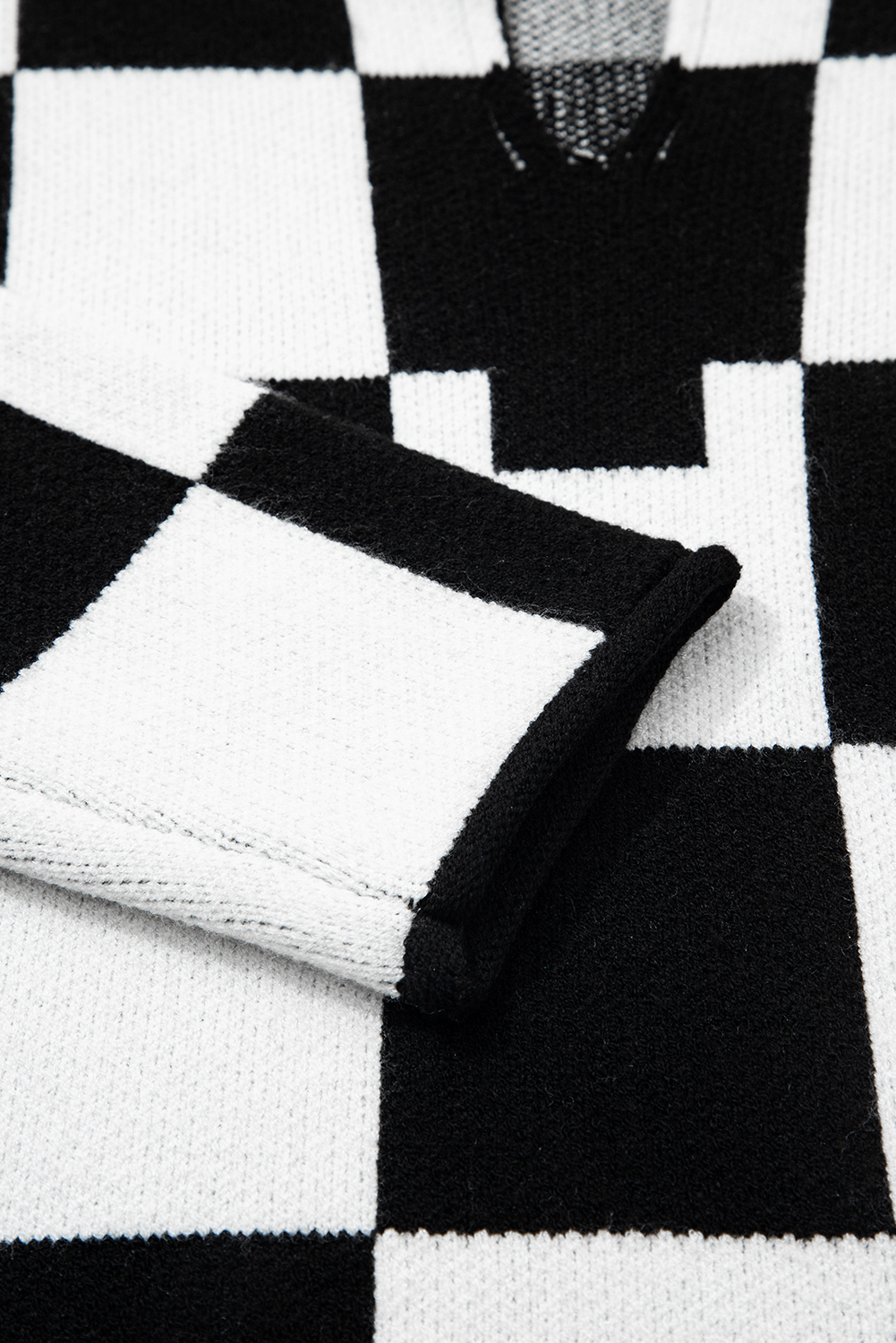 Black Checked Notched Neckline Drop Shoulder Knit Sweater