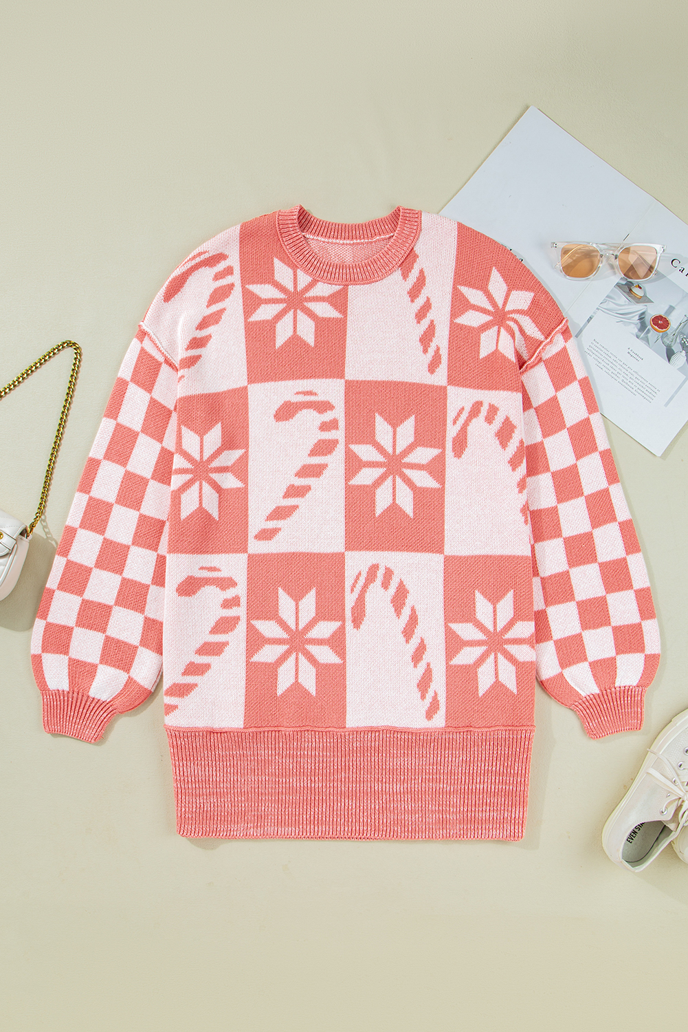 Pink Candycane Snowflake Checker Christmas Holiday Drop Shoulder Tunic Loose Sweater