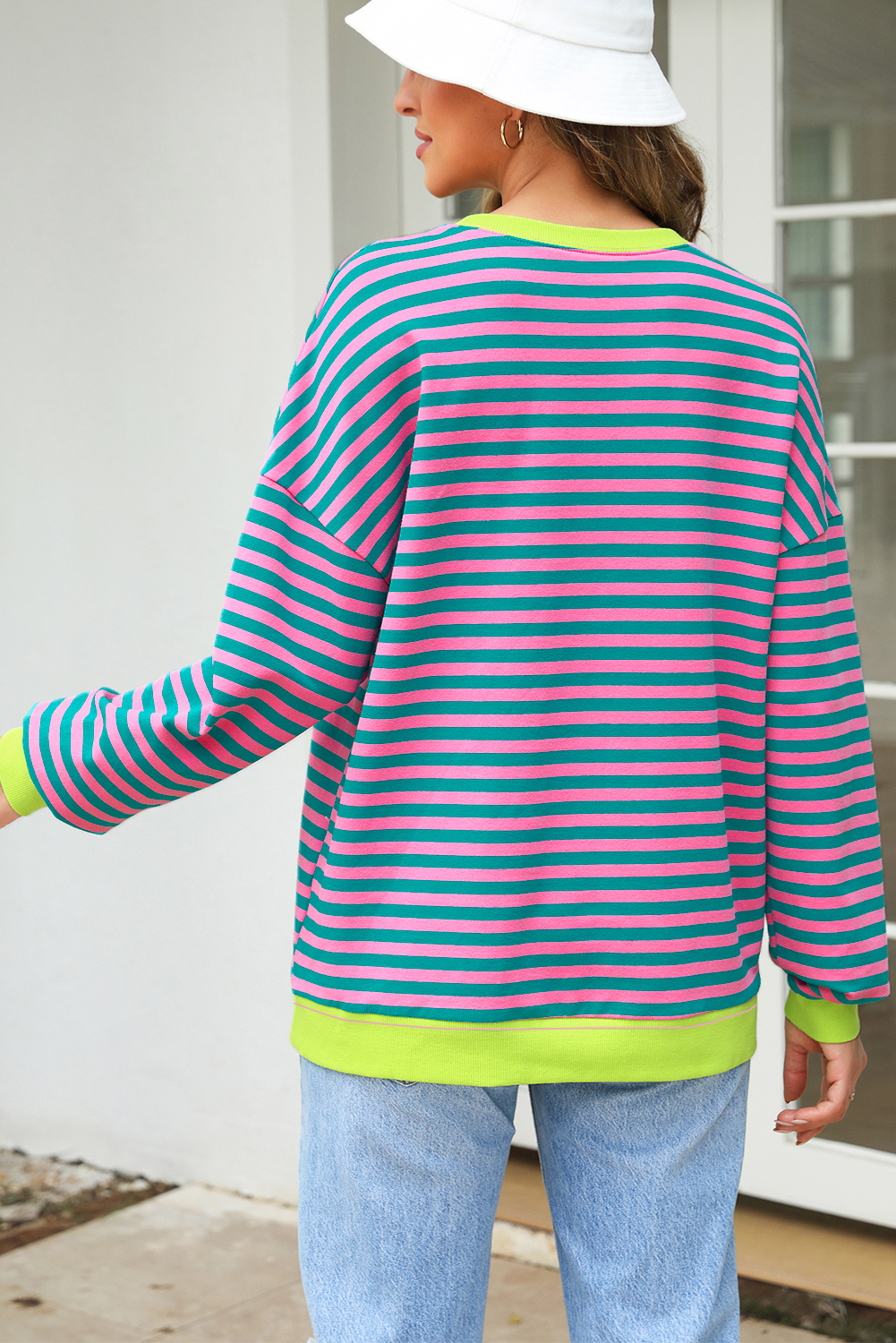 Red Stripe Contrast Ribbed Trim Crossed Stitch Drop Shoulder Sweatshirt