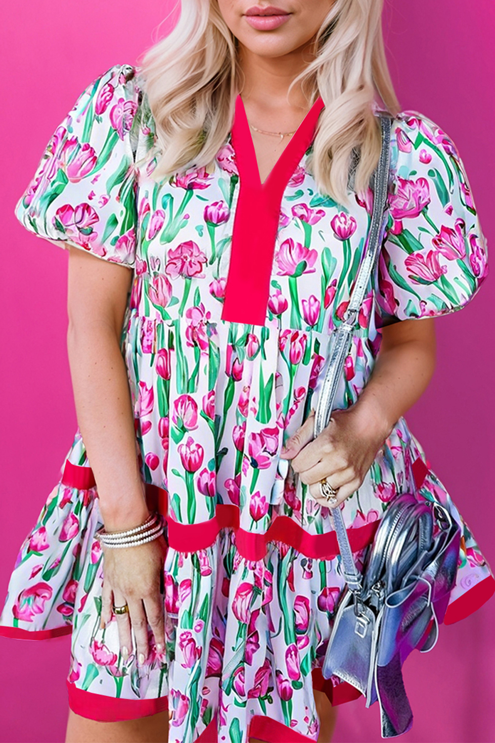 Pink Floral Print Contrast Trim V Neck Bubble Short Sleeve Babydoll Dress