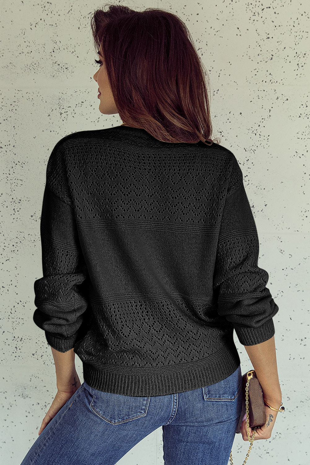 Sky Blue Eyelet Pattern Detail V Neck Drop Shoulder Sweater