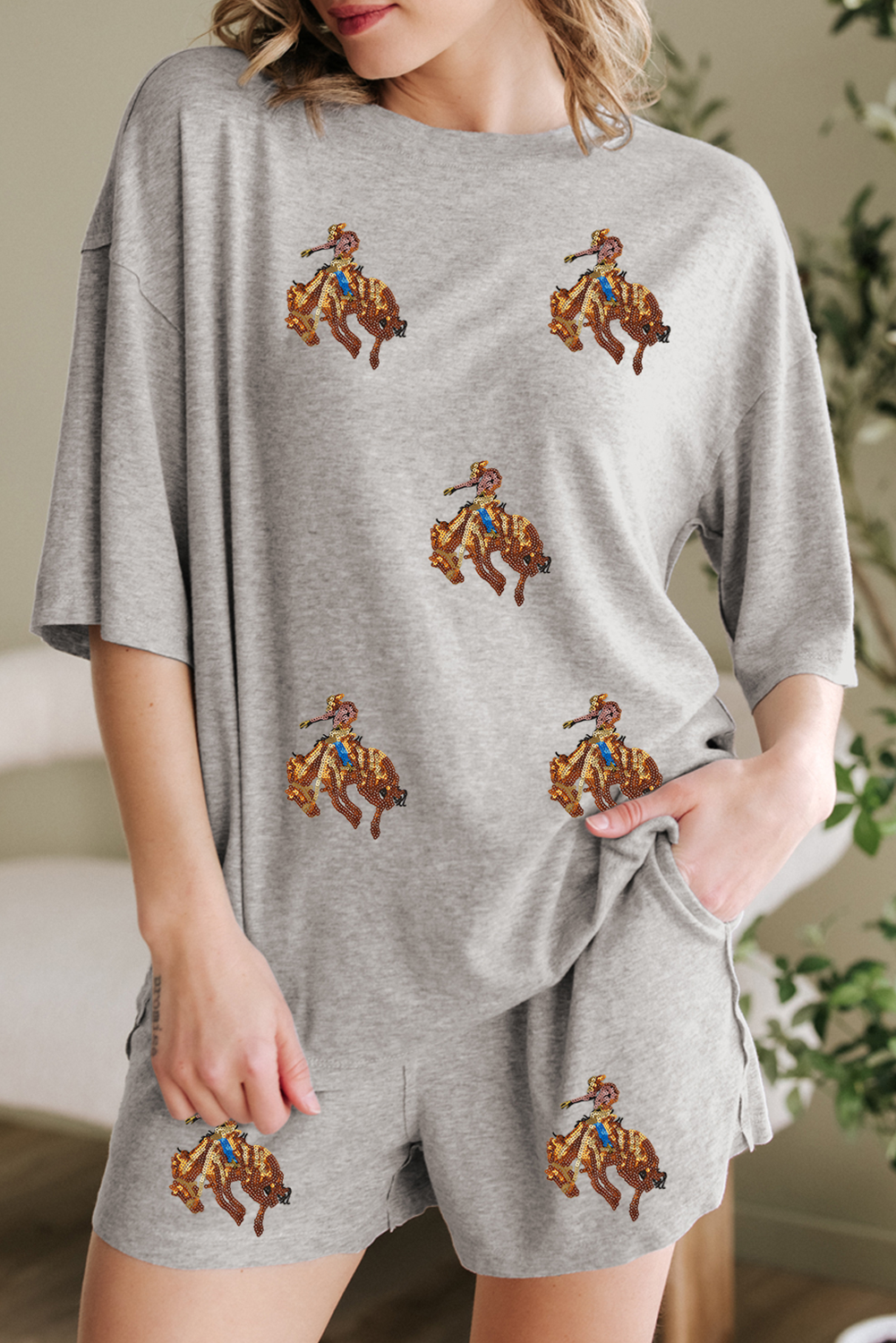 Gray Western Pattern Patched Half Sleeve Tee and Pocketed Shorts Set