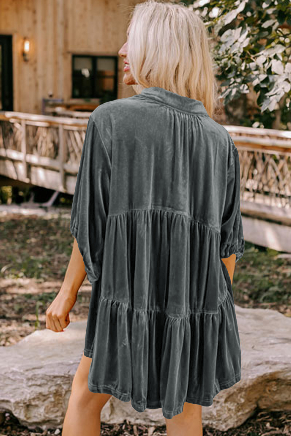 Burgundy 3/4 Sleeve Tunic Babydoll Velvet Shirt
