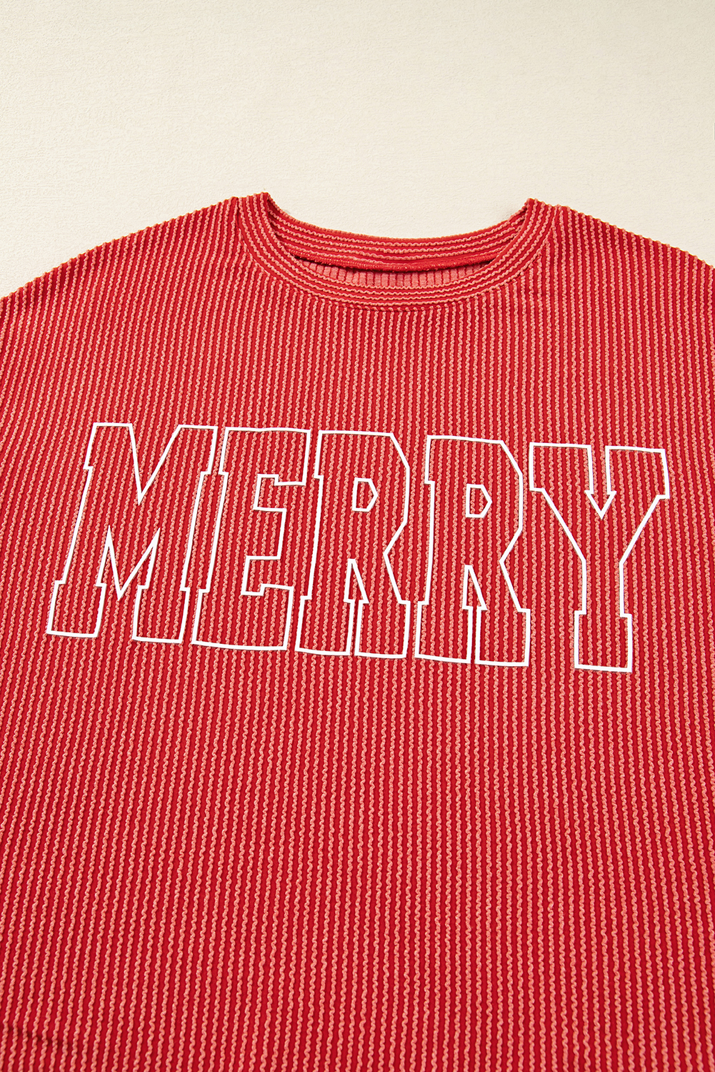 Evergreen Twisted Rib Outlined Merry Letter Graphic Loose Long Sleeve Top
