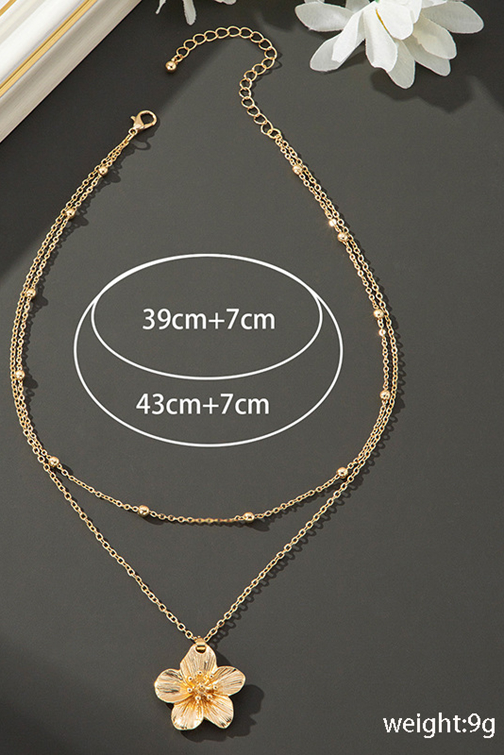 Gold Flower Pendant Beaded Double Chain Plated Necklace