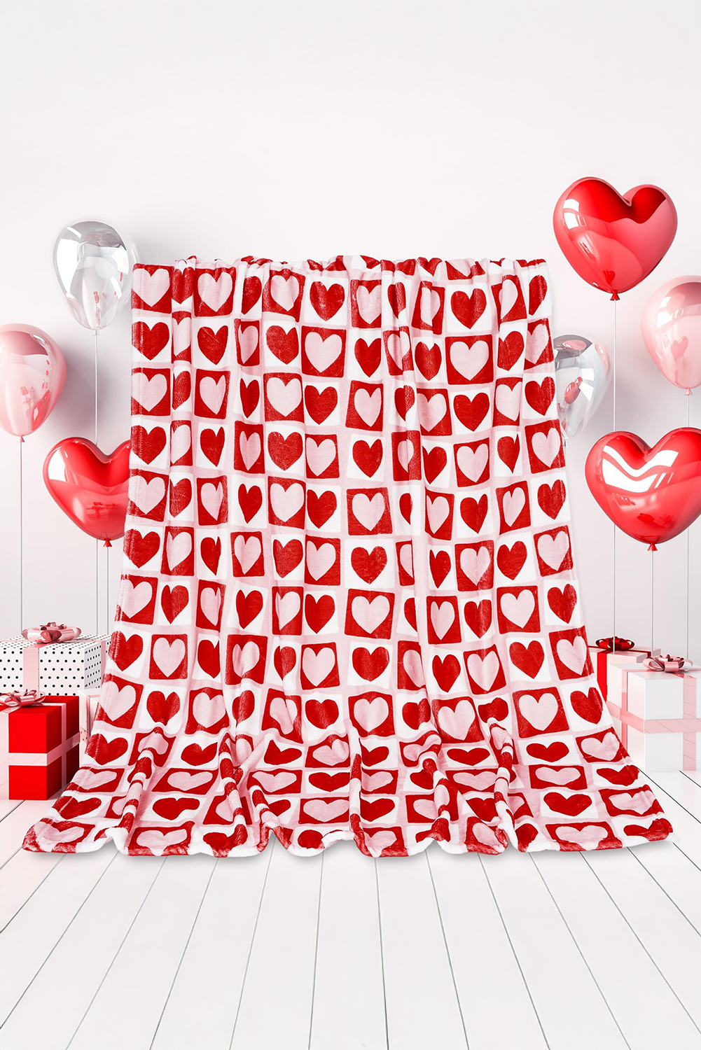 Fiery Red Heart Checkered Print Soft Large Blanket