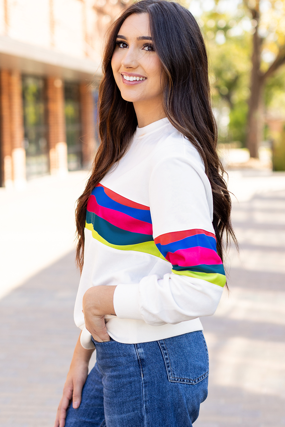 White Plus Size Colorful Striped Drop Shoulder Loose Sweatshirt