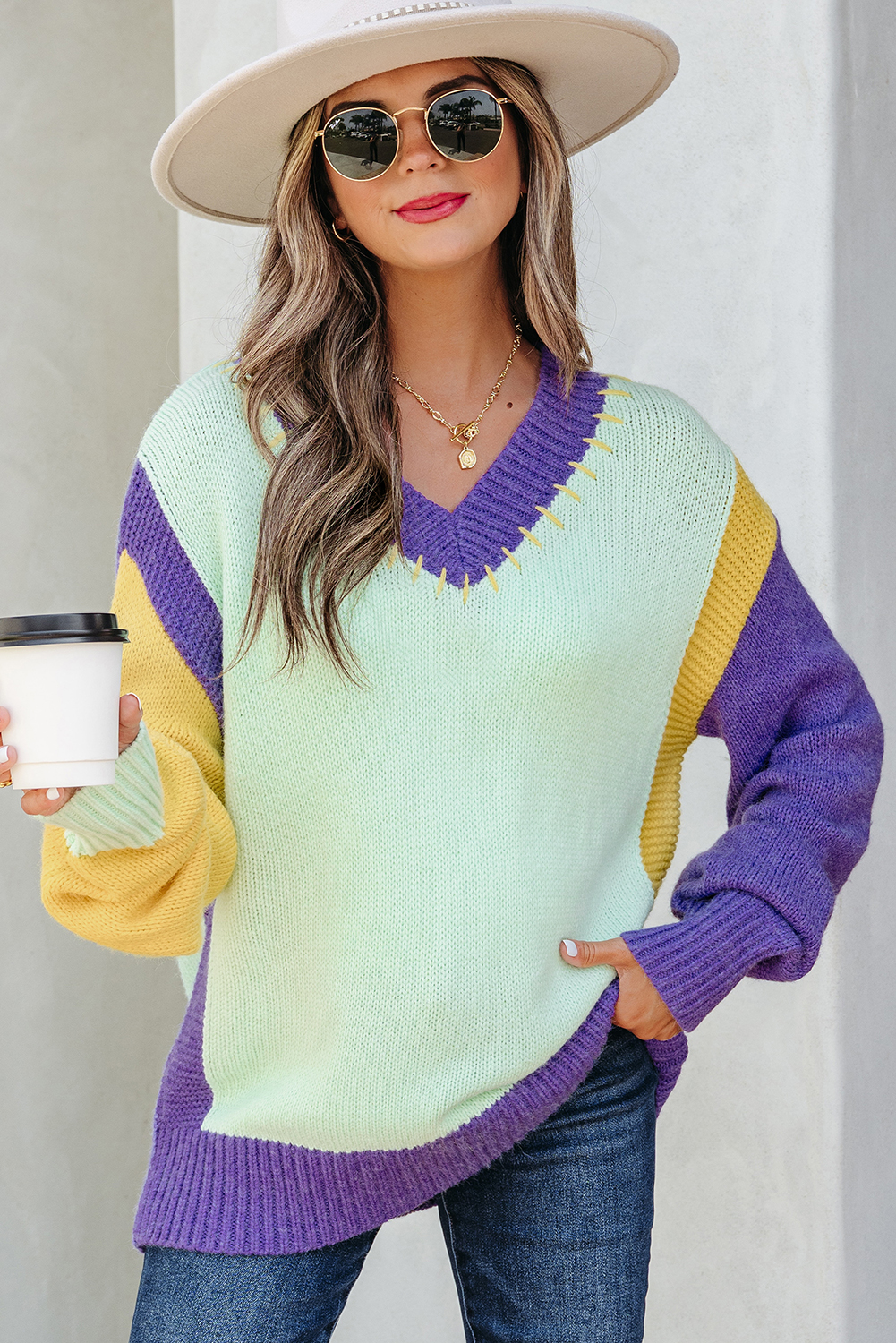 Green Stitched V Neck Color Block Knitted Drop Shoulder Sweater