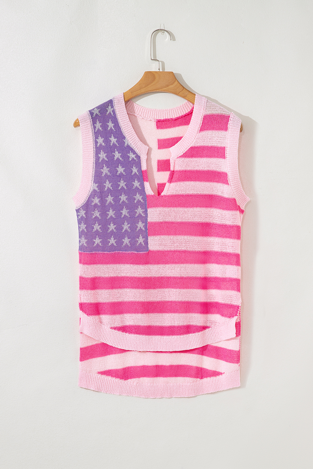 Beige USA Flag Notched Neckline Loose Sweater Vest