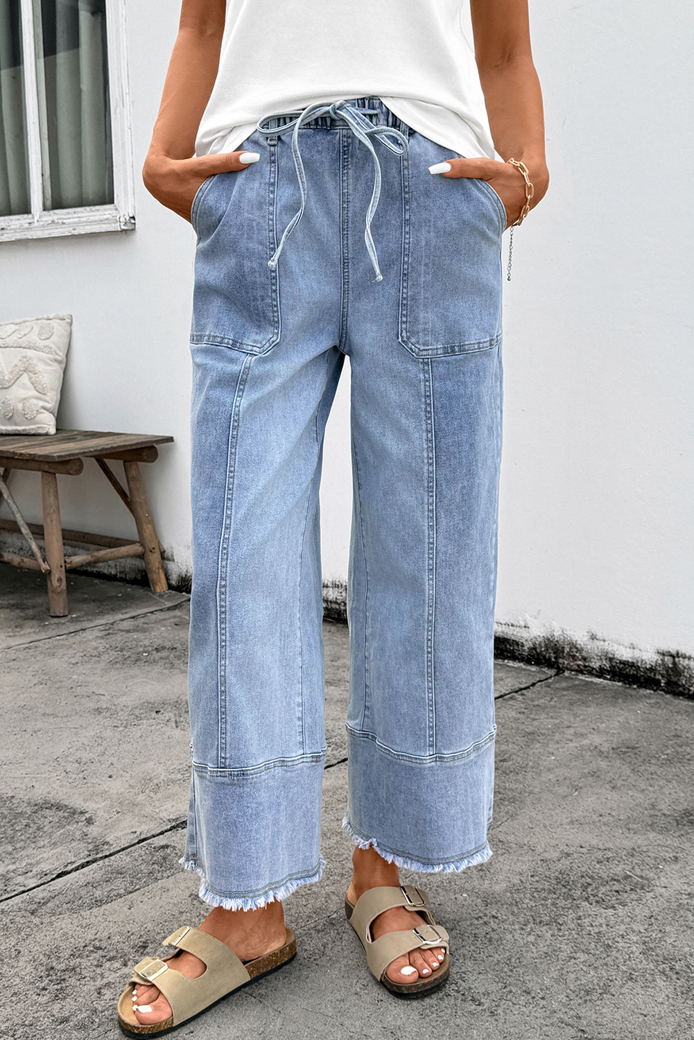 Beau Blue Drawstring Seam Detail Raw Hem Wide Leg Denim Pants