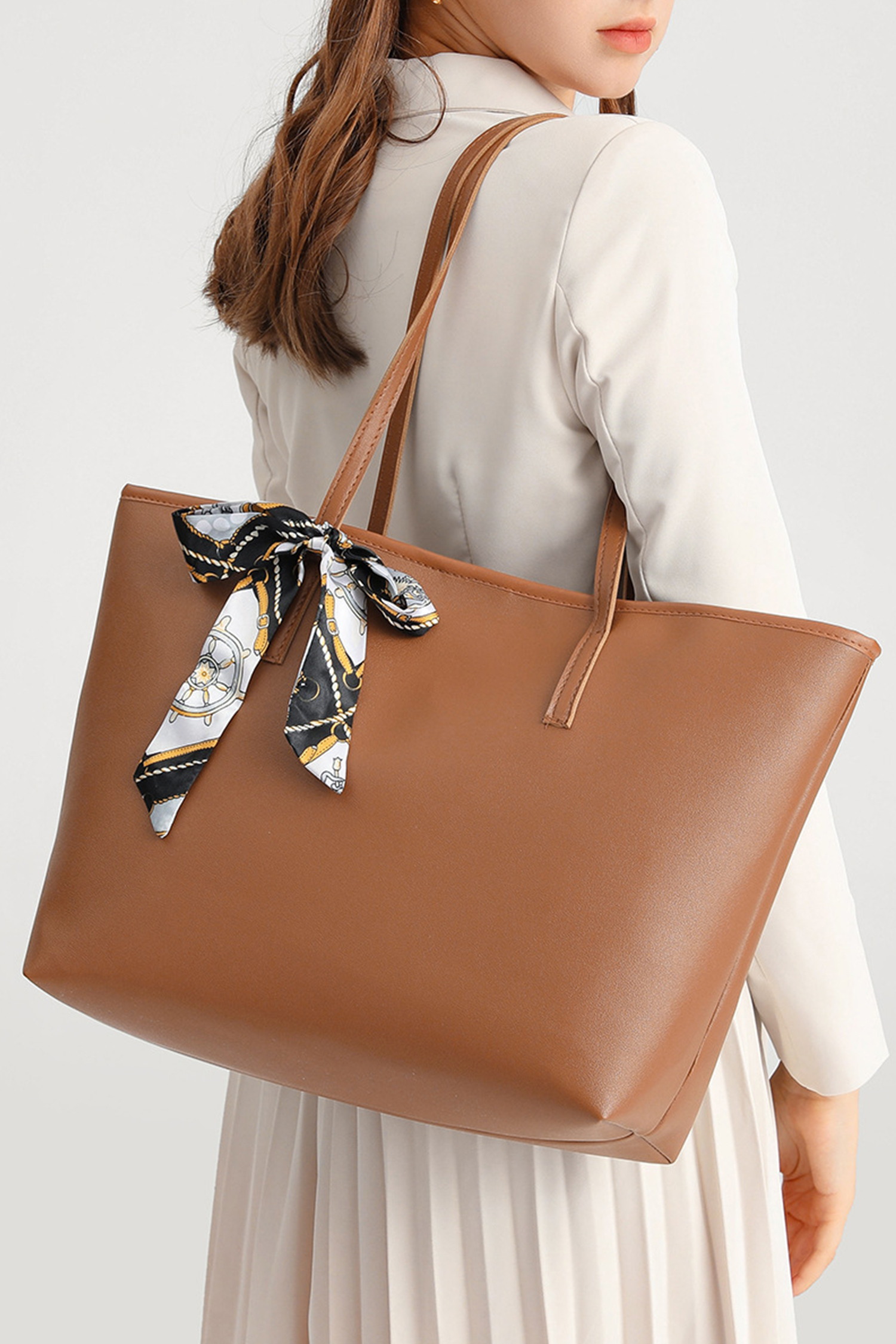 Chestnut Solid Color Large Capacity PU Leather Bag with Ribbon Detail
