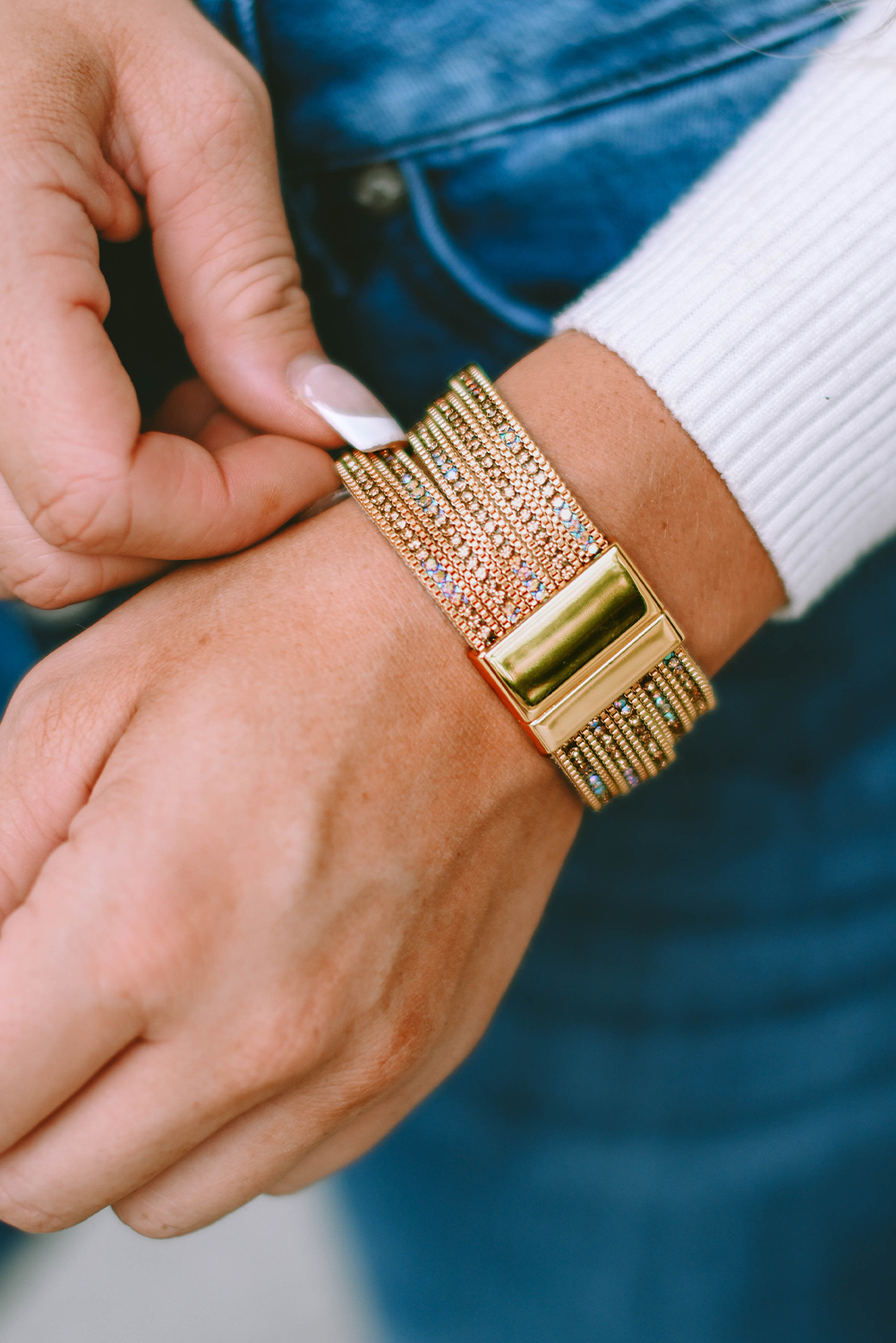 Gold Full Diamond Leather Wide Plated Magnetic Buckle Bracelet