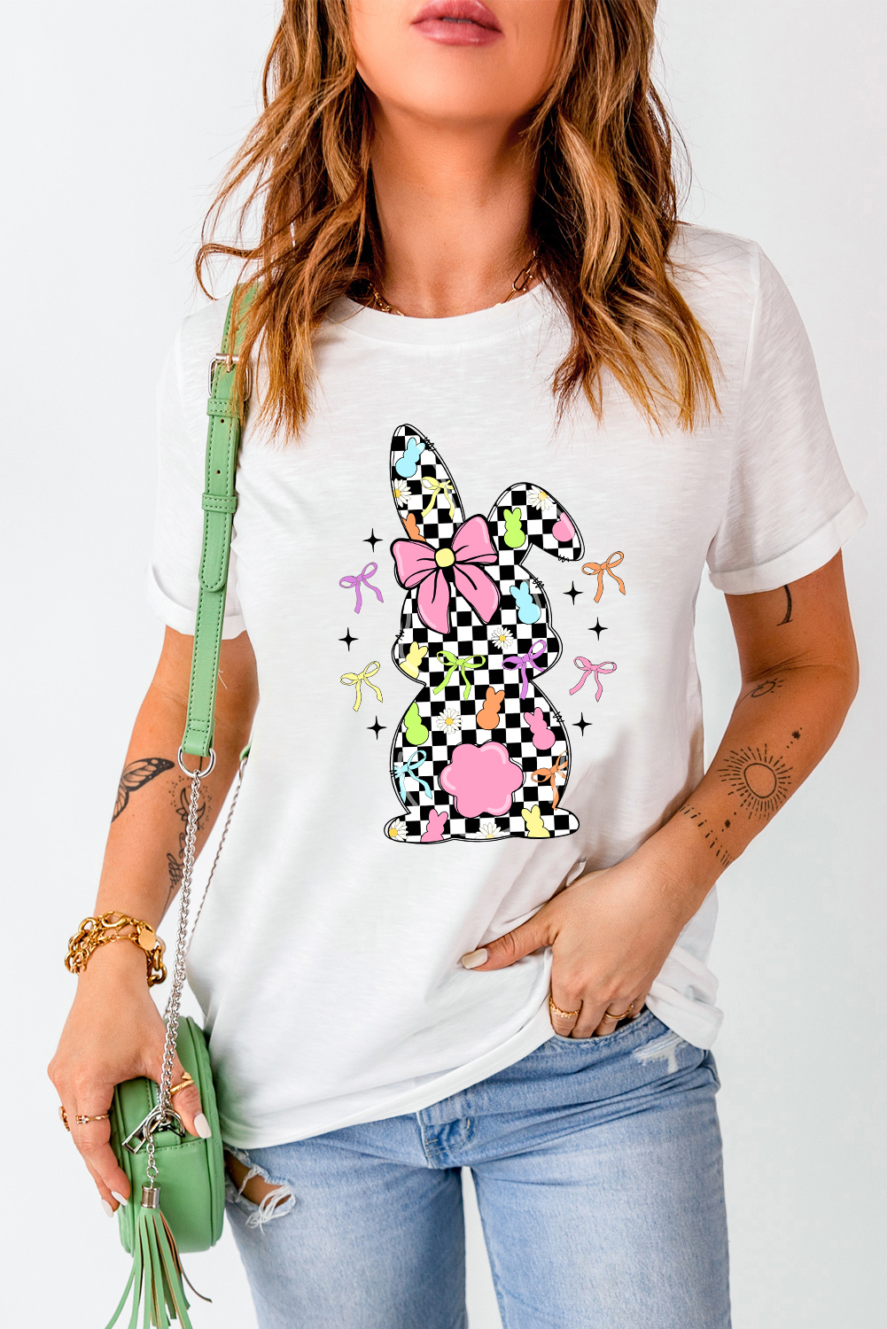 White Bowknot Checkerboard Bunny Graphic Easter T Shirt