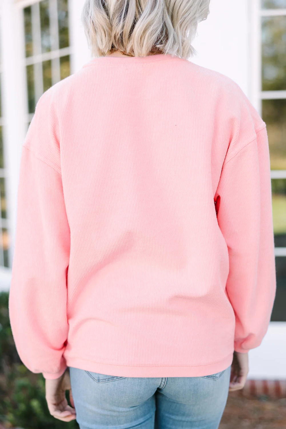 White 3d Ribbed XOXO Heart Embroidered Drop Shoulder Sweatshirt