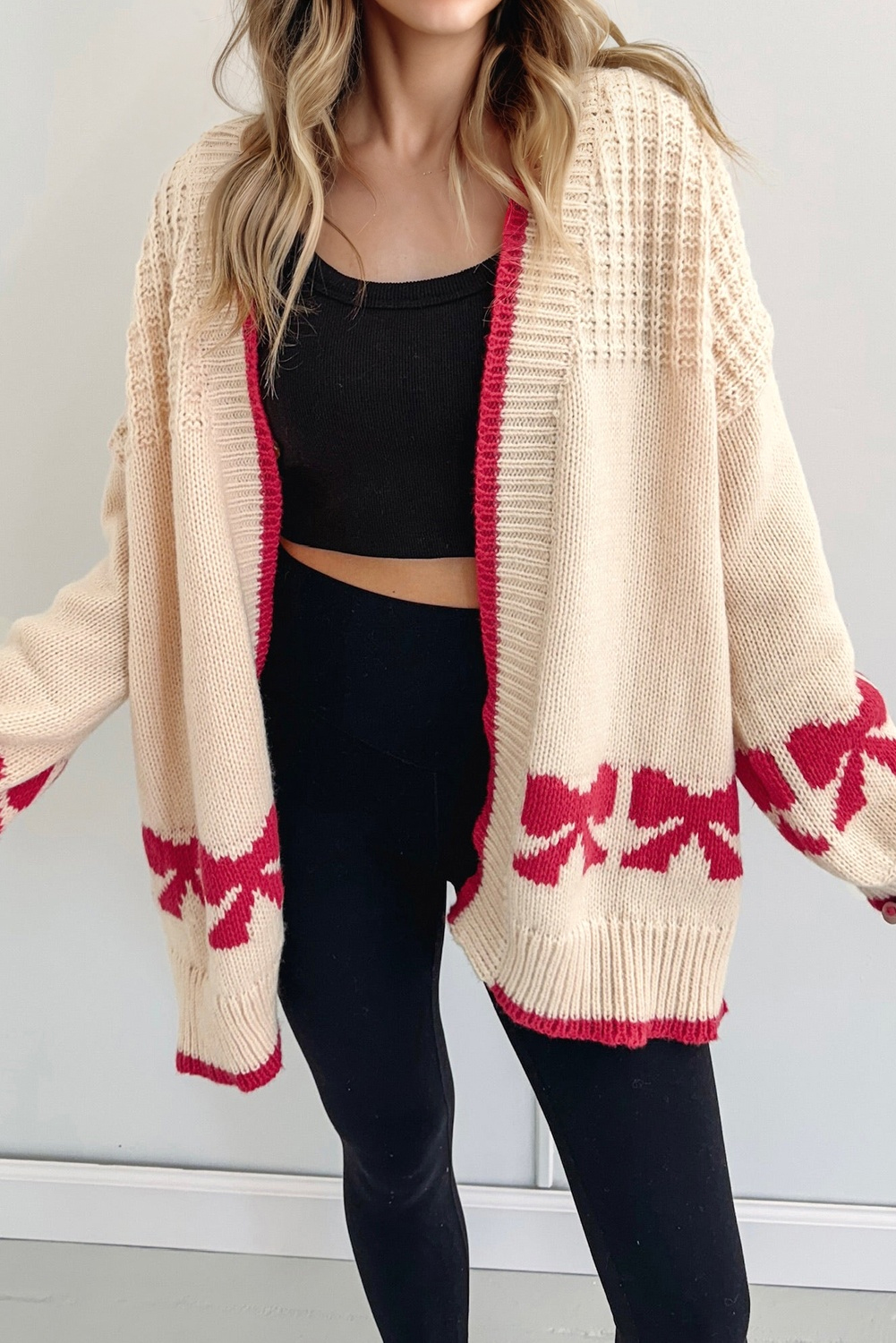 Apricot Bow Pattern Textured Open Front Baggy Cardigan