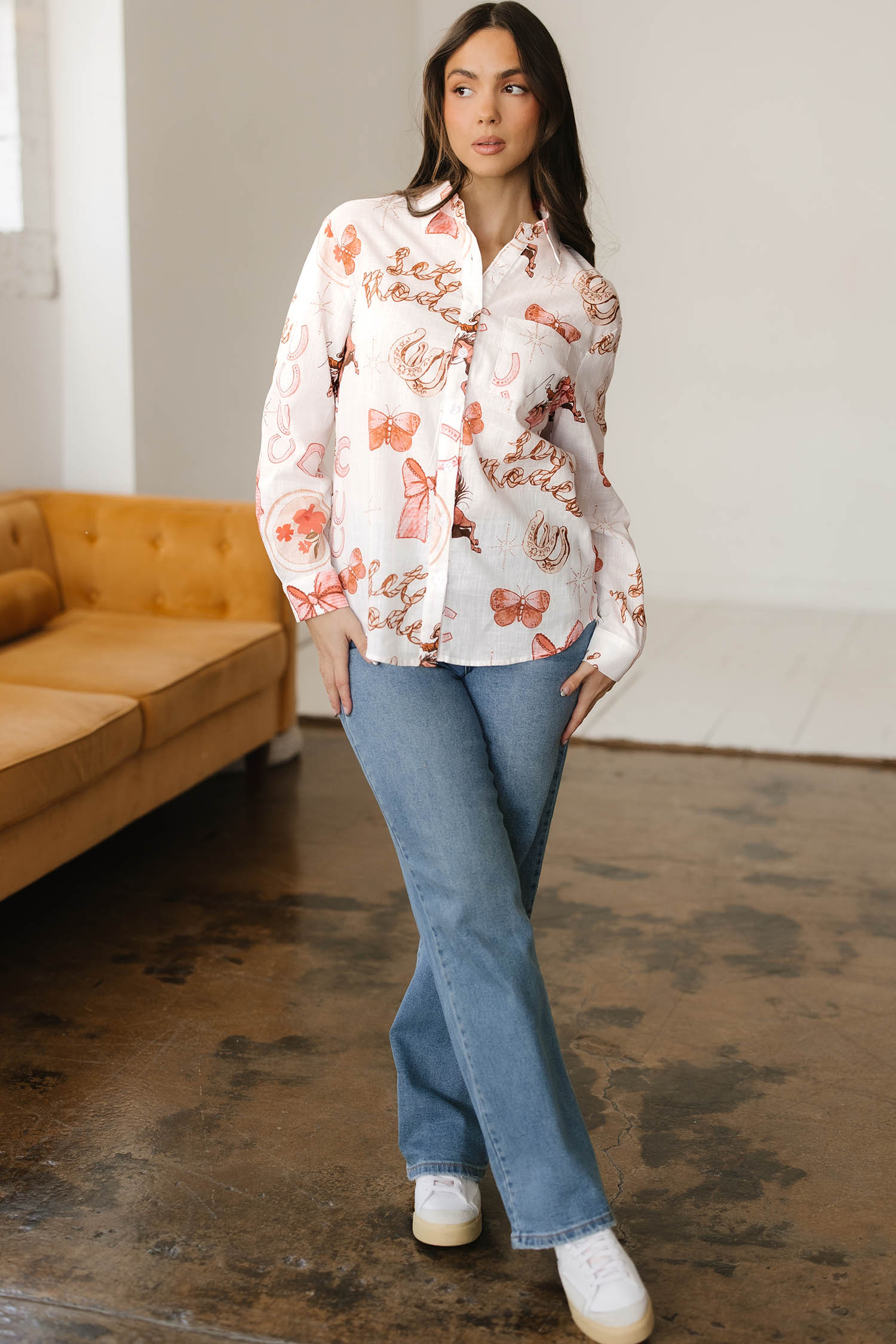 White Rodeo Cowgirl Print Western Button up Shirt