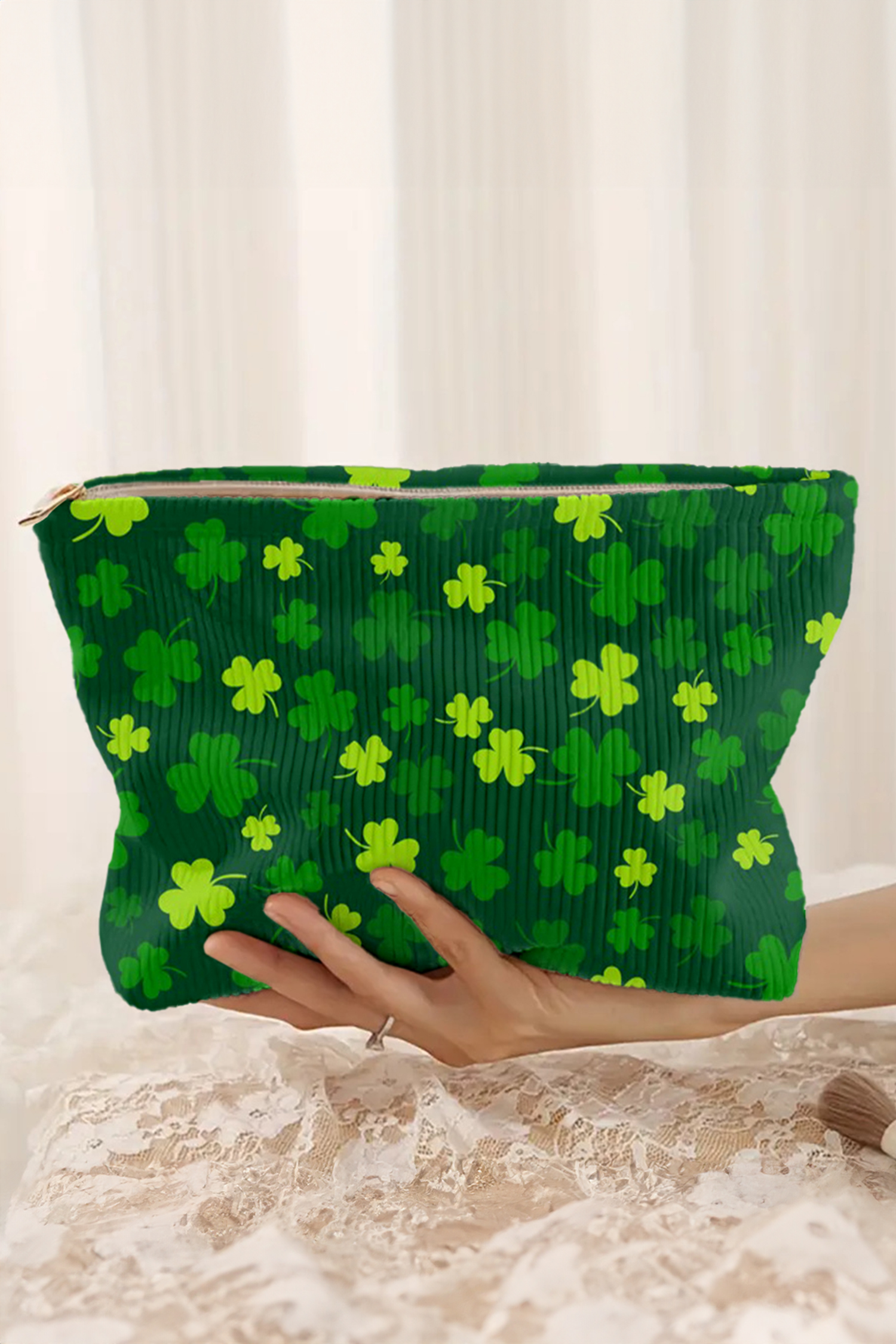 Blackish Green St Patricks Lucky Clover Printed Soft Ribbed Makeup Bag