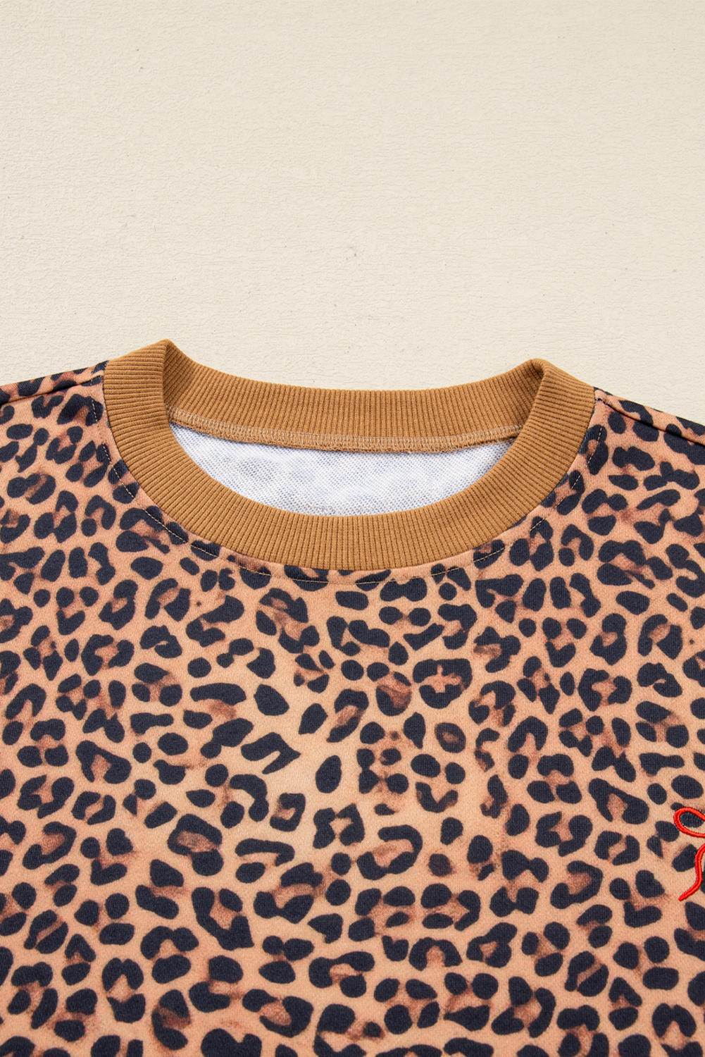 Khaki Leopard Pullover and Pants 2pcs Outfit with Bow Embroidery