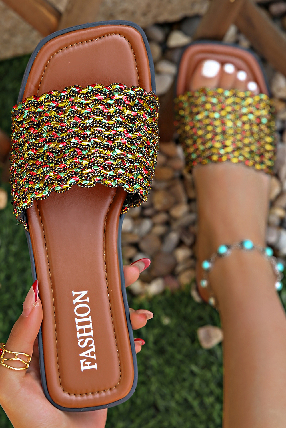 Red Dahlia Glitter Braided Square Toe PU Leather Slippers