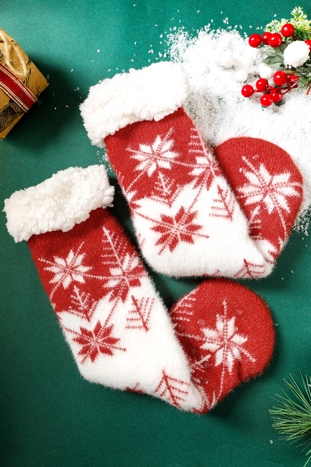 Fiery Red Christmas Snowflake Cozy Sherpa Lined Cabin Socks