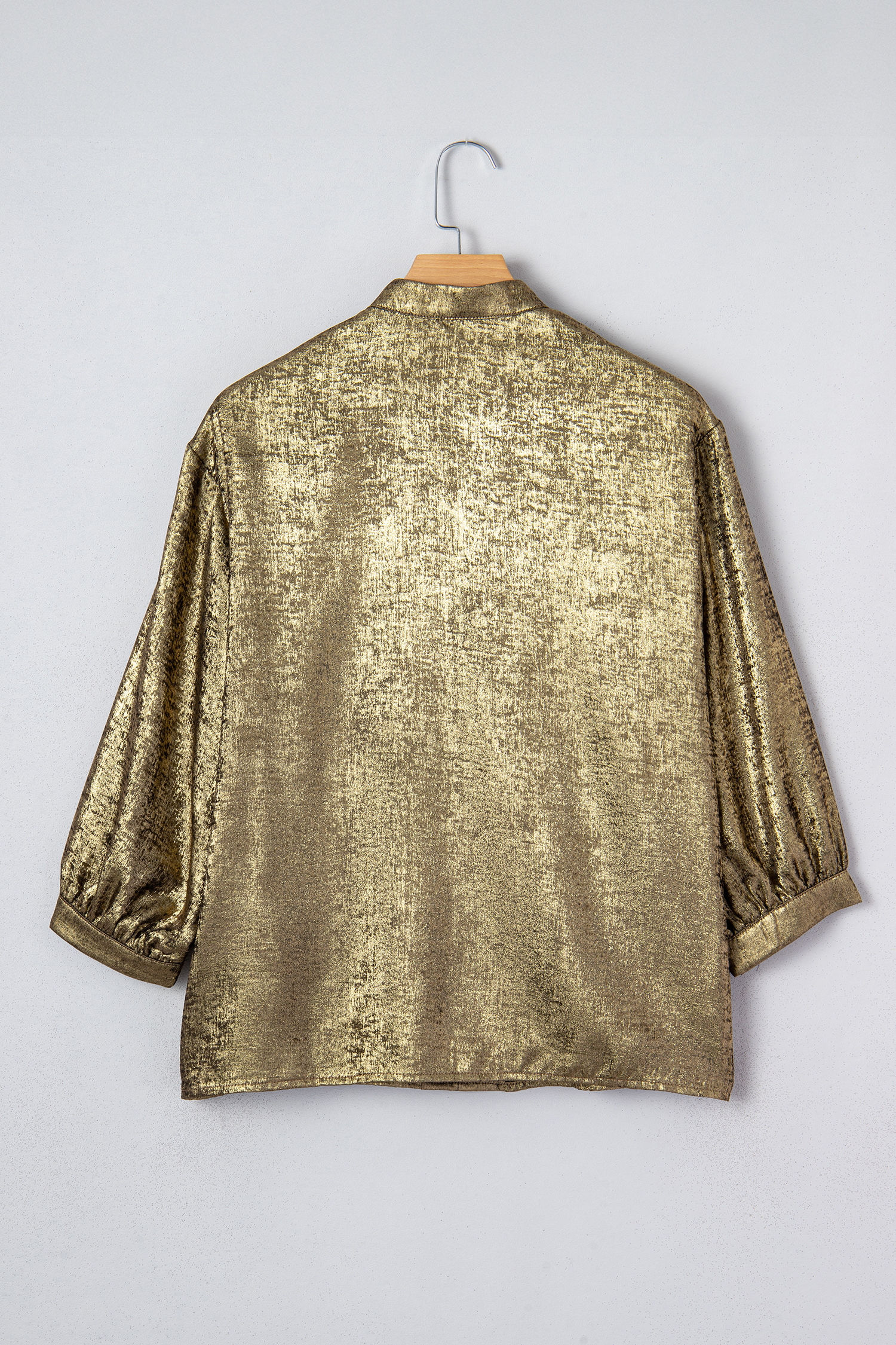 Apricot Metallic Round Neck Smocked Long Sleeve Blouse