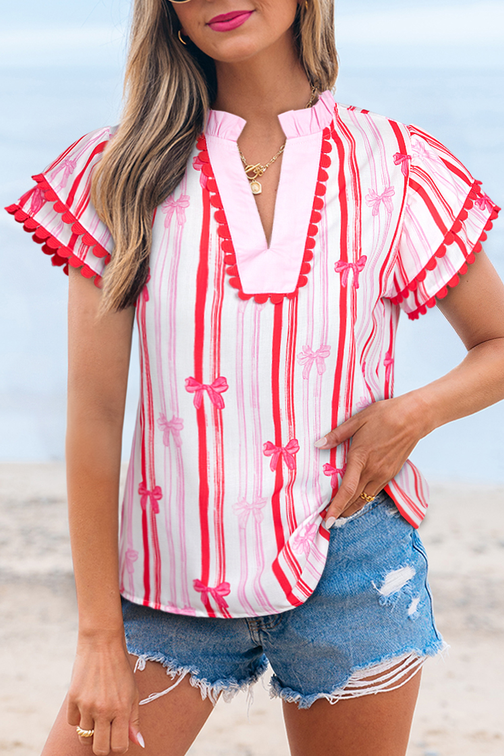 Pink Ric-rac Trim Ruffled Sleeve V Neck Bow Striped Printed Blouse