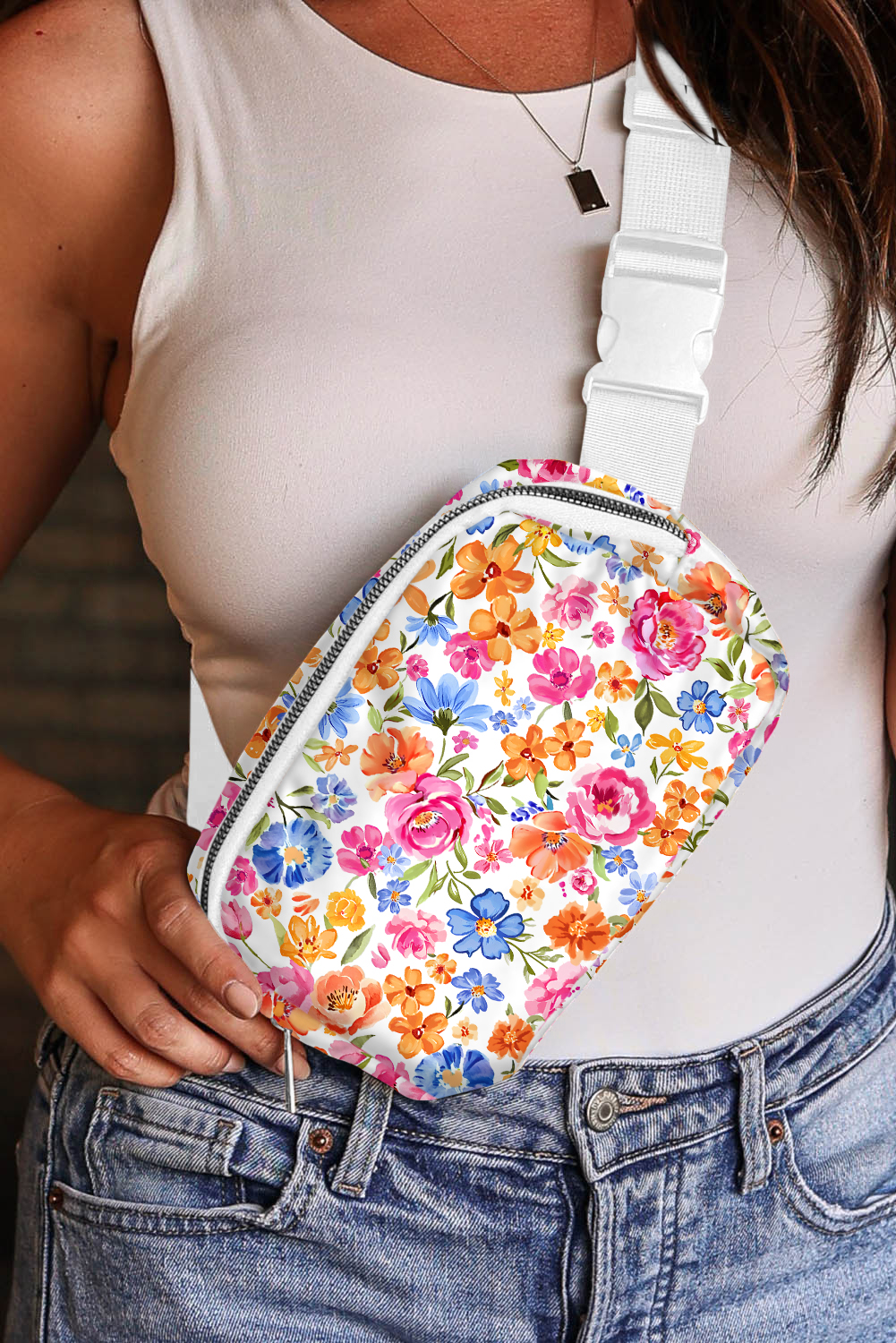 White Flower Print Buckle Wide Strap Crossbody Bag