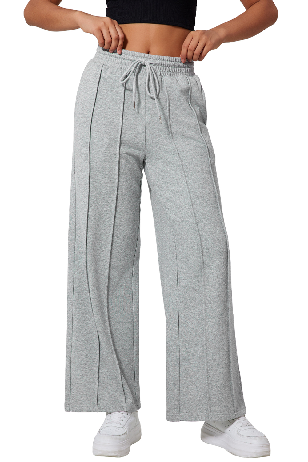 Black Seamed Drawstring High Waist Wide Leg Sweatpants