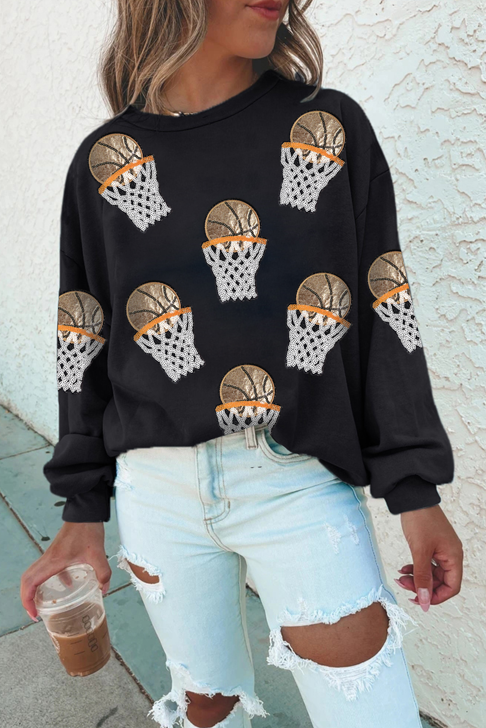 Black Sequin Basketball Patched Graphic Game Day T Shirt