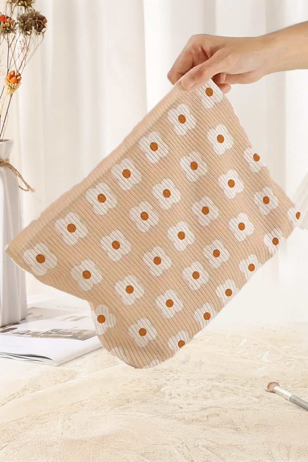 Parchment Flowers Print Textured Corduroy Large Makeup Bag