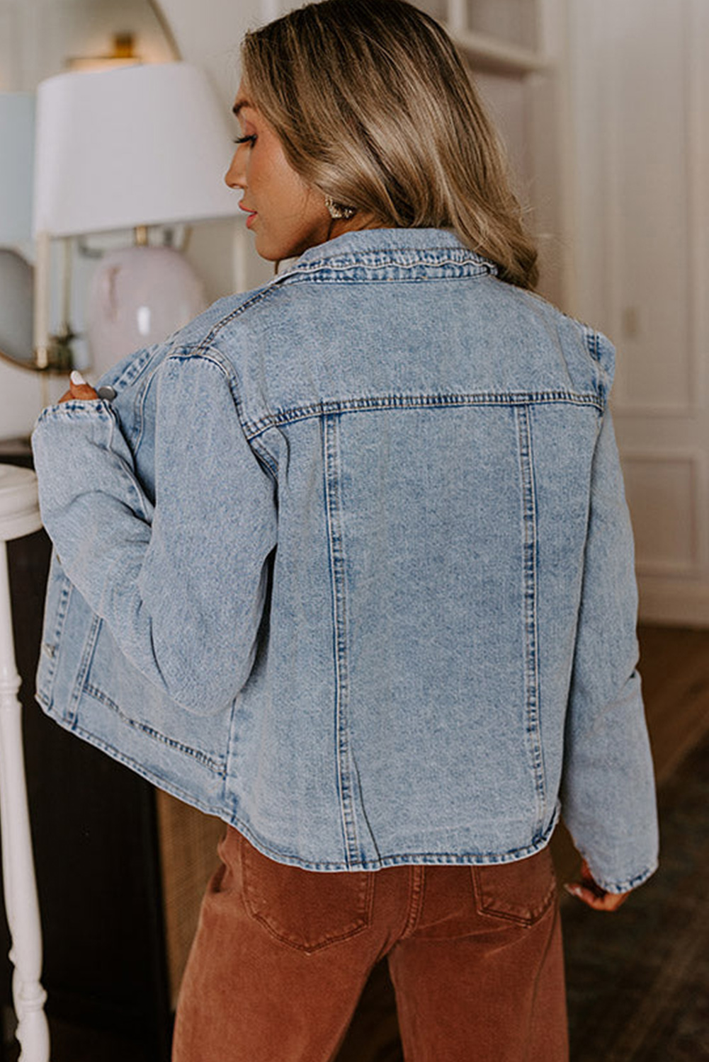 Myosotis Scallop Trim Collar Patched Pocket Button Up Mineral Washed Denim Jacket